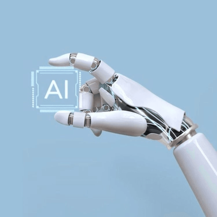 A white robotic hand holding a glowing chip marked AI